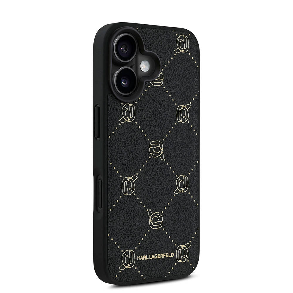 Apple iPhone 16 Kılıf Karl Lagerfeld Orjinal Lisanslı Magsafe Şarj Özellikli PU Deri Karl Heads Desenli Klasik Logolu Kapak Siyah