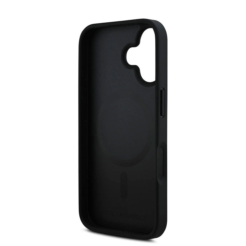 Apple iPhone 16 Kılıf Karl Lagerfeld Orjinal Lisanslı Magsafe Şarj Özellikli PU Deri Karl Heads Desenli Klasik Logolu Kapak Siyah