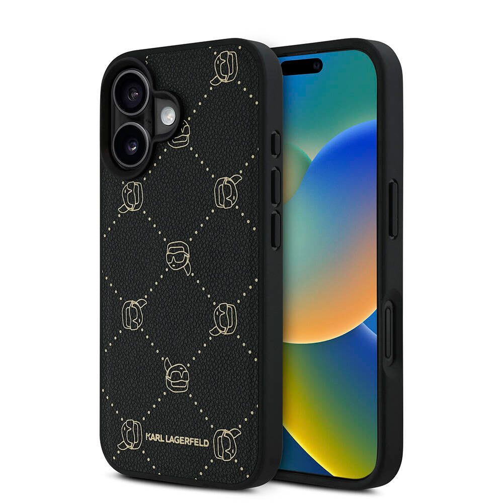 Apple iPhone 16 Kılıf Karl Lagerfeld Orjinal Lisanslı Magsafe Şarj Özellikli PU Deri Karl Heads Desenli Klasik Logolu Kapak Siyah