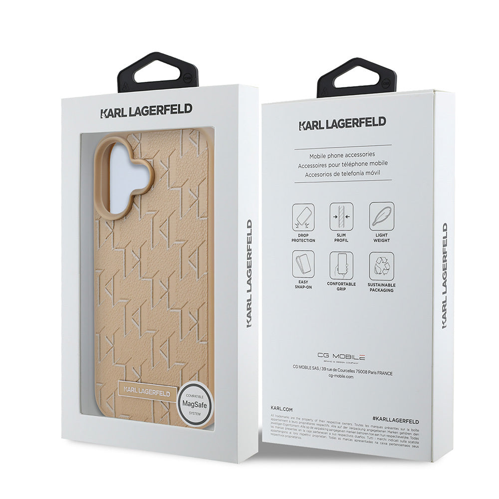 Apple iPhone 16 Kılıf Karl Lagerfeld Orjinal Lisanslı Magsafe Şarj Özellikli KL Yazılı Hot Stamp Kapak Krem