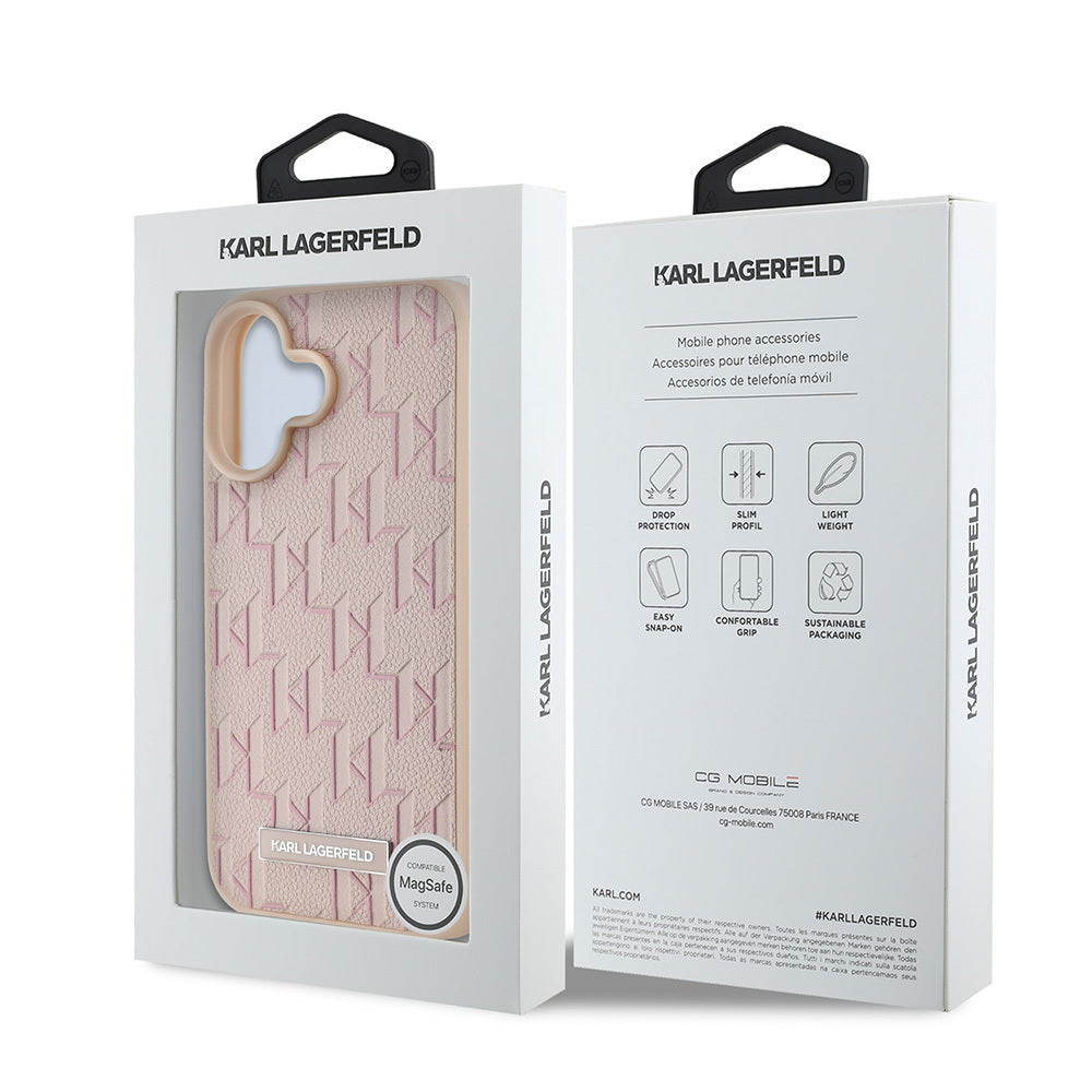 Apple iPhone 16 Kılıf Karl Lagerfeld Orjinal Lisanslı Magsafe Şarj Özellikli KL Yazılı Hot Stamp Kapak Pembe