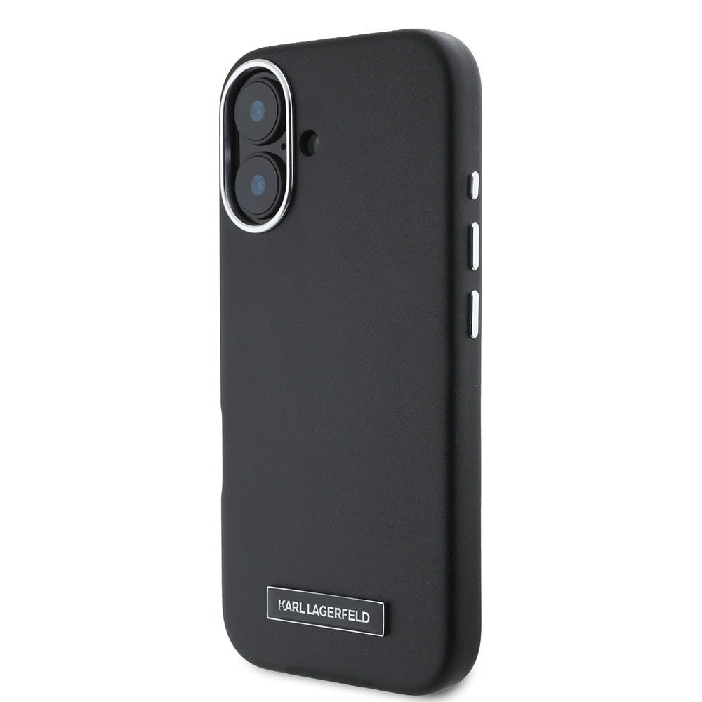 Apple iPhone 16 Kılıf Karl Lagerfeld Orjinal Lisanslı Magsafe Şarj Özellikli Metal Kamera ve Buton Tasarımlı Plaka Logolu PU Deri Kapak Siyah