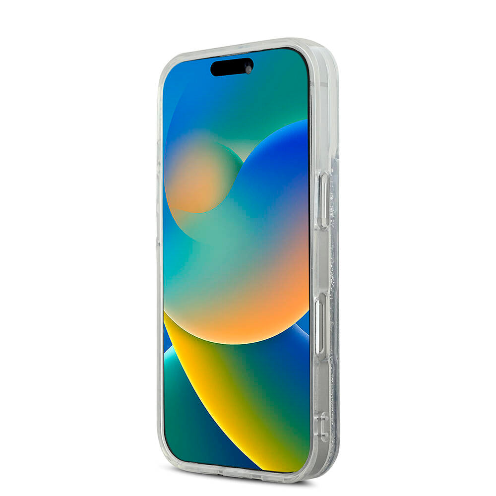 Apple iPhone 16 Kılıf Karl Lagerfeld Orjinal Lisanslı Magsafe Şarj Özellikli Sıvılı Simli K&C Heads Kapak Şeffaf