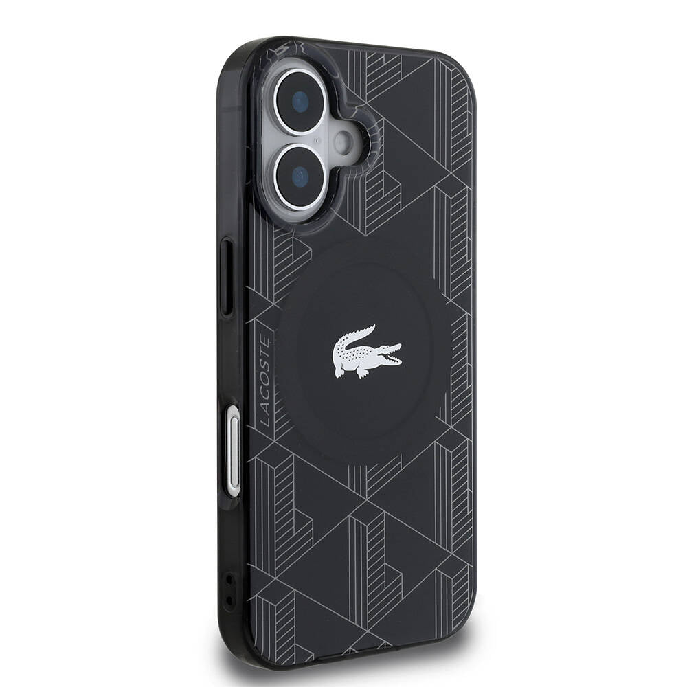 Apple iPhone 16 Kılıf Lacoste Orjinal Lisanslı Magsafe Şarj Özellikli IML Baskılı Gümüş Timsah Logolu Monogram Kapak Lacivert