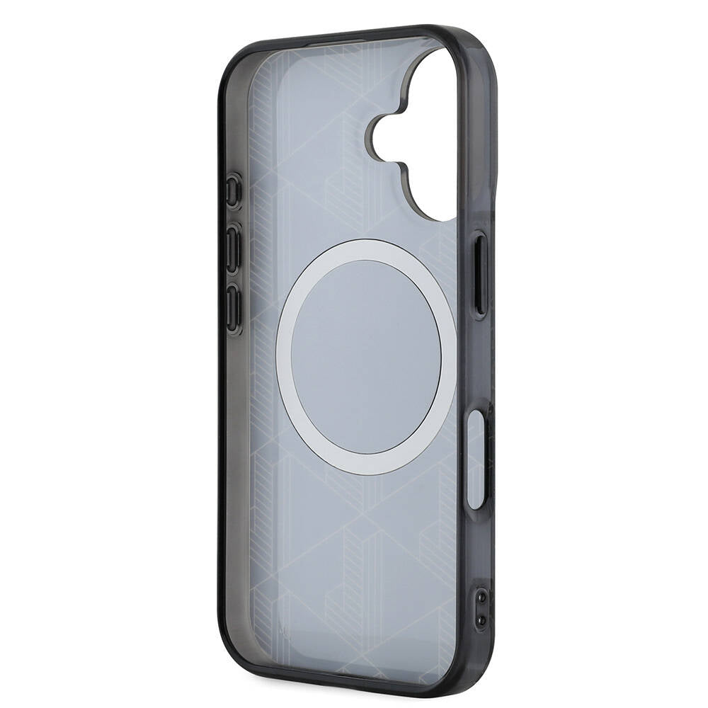 Apple iPhone 16 Kılıf Lacoste Orjinal Lisanslı Magsafe Şarj Özellikli IML Baskılı Gümüş Timsah Logolu Monogram Kapak Siyah