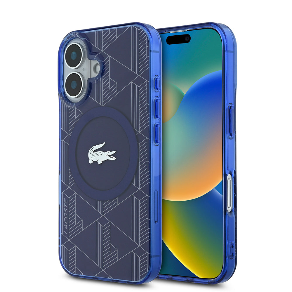 Apple iPhone 16 Kılıf Lacoste Orjinal Lisanslı Magsafe Şarj Özellikli IML Baskılı Gümüş Timsah Logolu Monogram Kapak Lacivert