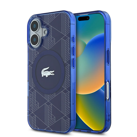 Apple iPhone 16 Kılıf Lacoste Orjinal Lisanslı Magsafe Şarj Özellikli IML Baskılı Gümüş Timsah Logolu Monogram Kapak Lacivert