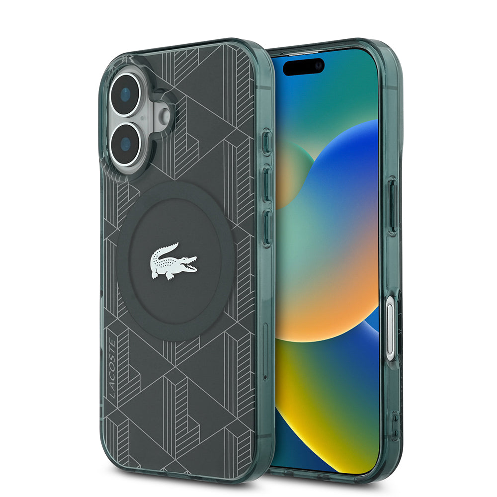 Apple iPhone 16 Kılıf Lacoste Orjinal Lisanslı Magsafe Şarj Özellikli IML Baskılı Gümüş Timsah Logolu Monogram Kapak Yeşil