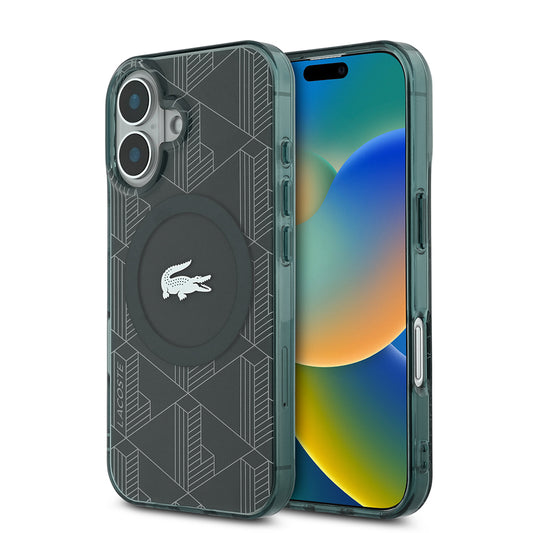 Apple iPhone 16 Kılıf Lacoste Orjinal Lisanslı Magsafe Şarj Özellikli IML Baskılı Gümüş Timsah Logolu Monogram Kapak Yeşil