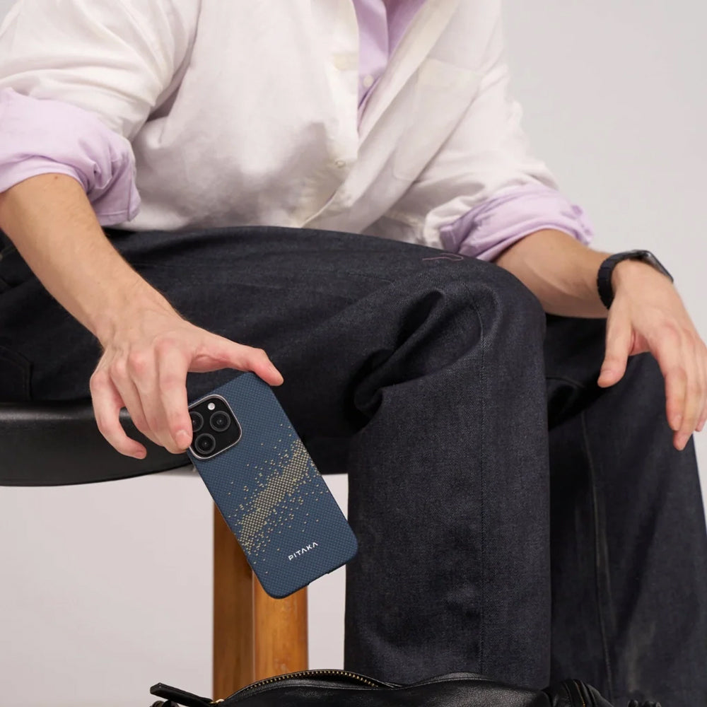 Apple iPhone 16 Kılıf Magsafe Şarj Özellikli Aramid Fiber Pitaka Tactile Woven Starpeak Serisi Milky Way Galaxy Kapak Mavi