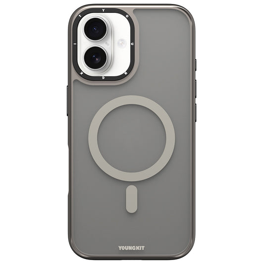 Apple iPhone 16 Kılıf M-safe Şarj Özellikli Cam Arka Yüzey TPU Youngkit Gemstone Serisi Kapak Gri