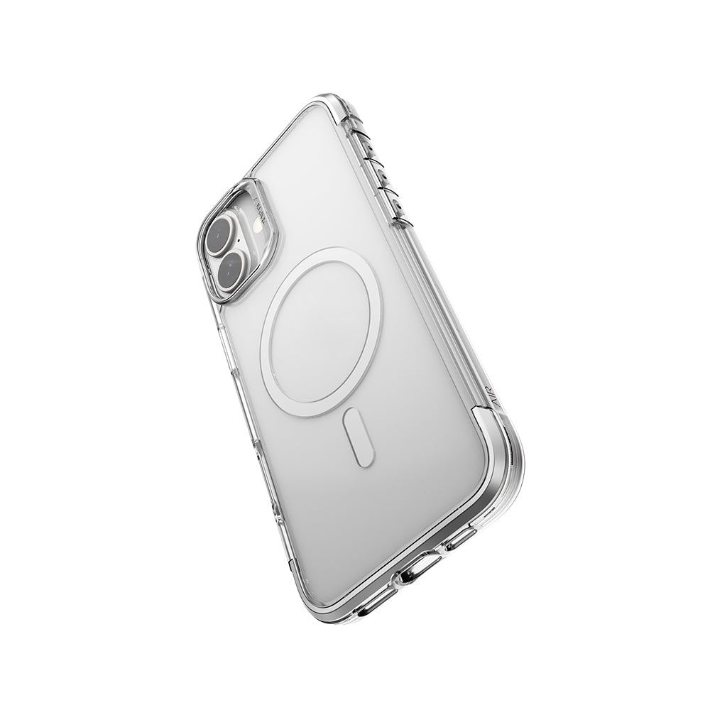 Apple iPhone 16 Kılıf Magsafe Şarj Özellikli Raptic Air Serisi Airbag Tasarımlı Metal Köşelikli Şeffaf Kapak Gümüş