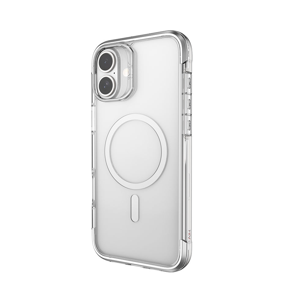Apple iPhone 16 Kılıf Magsafe Şarj Özellikli Raptic Air Serisi Airbag Tasarımlı Metal Köşelikli Şeffaf Kapak Gümüş