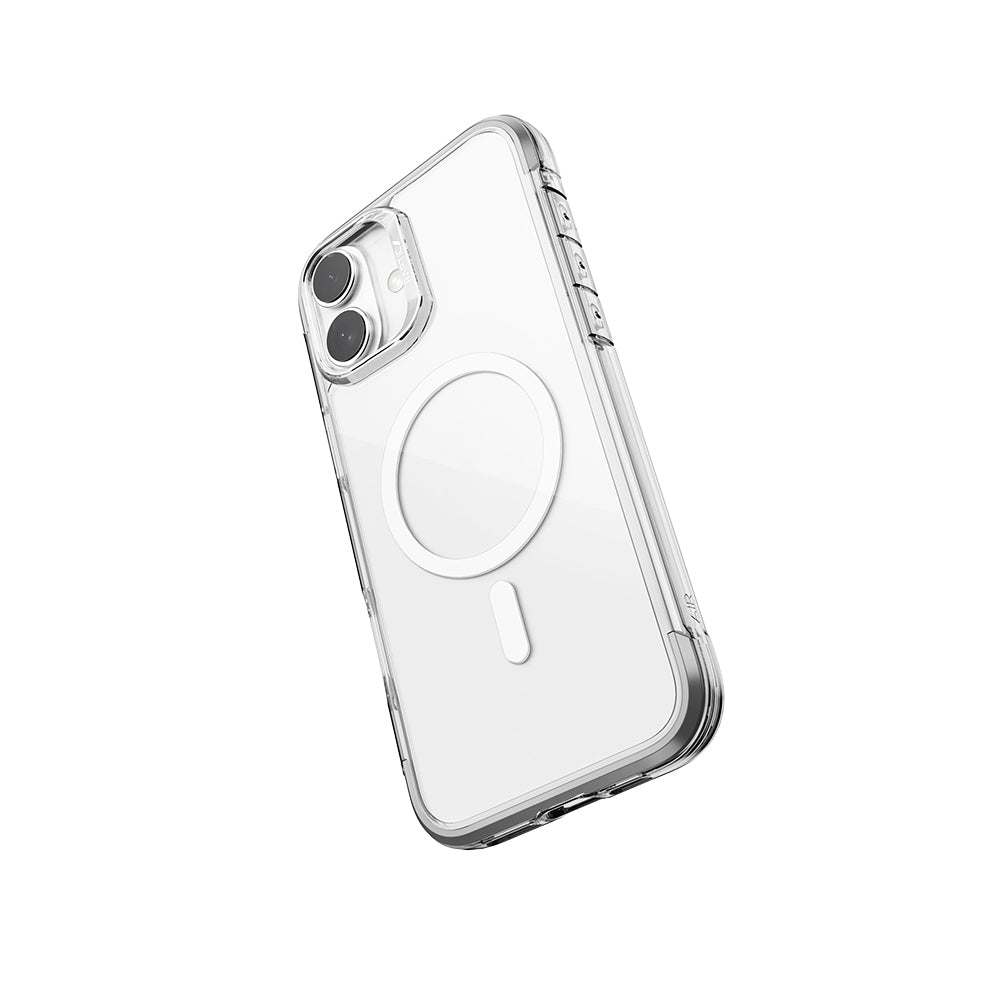 Apple iPhone 16 Kılıf Magsafe Şarj Özellikli Raptic Air Serisi Airbag Tasarımlı Metal Köşelikli Şeffaf Kapak Gümüş