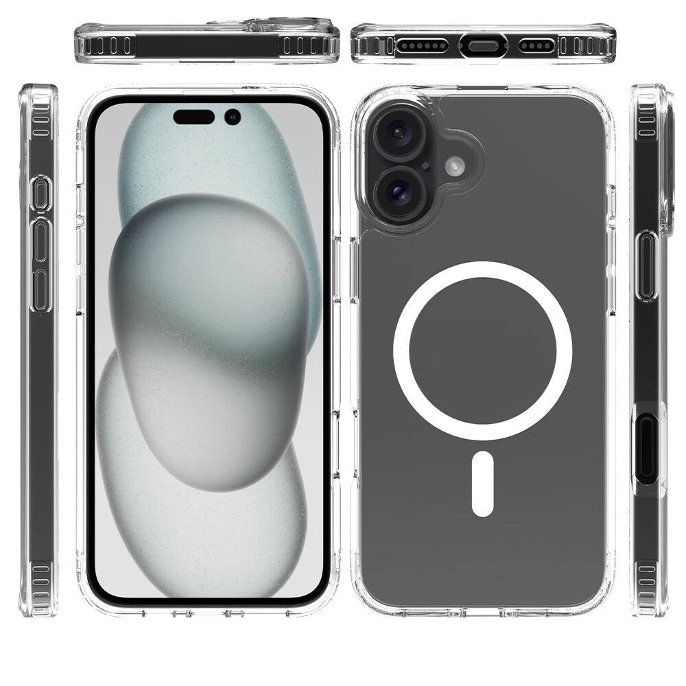 Apple iPhone 16 Kılıf M-safe Şarj Özellikli Şeffaf Sert PC Zore Embos Kapak Şeffaf