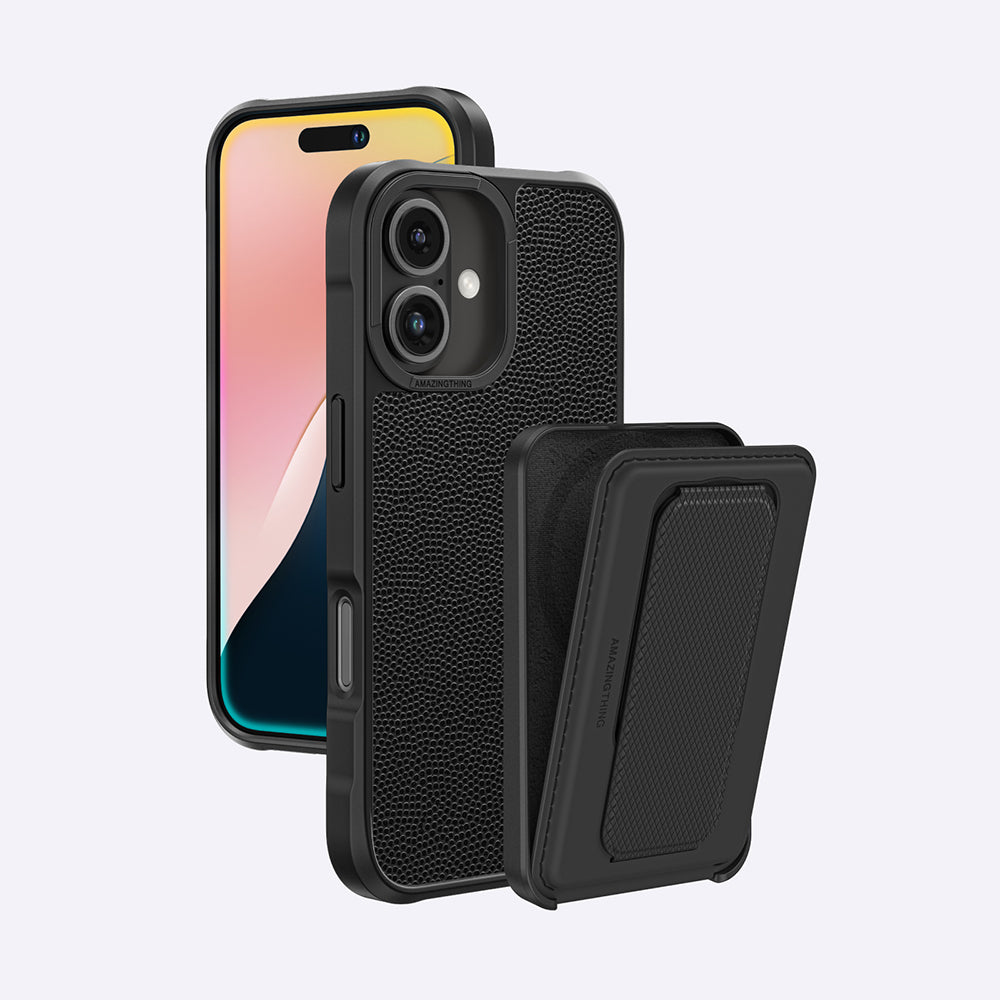 Apple iPhone 16 Kılıf Magsafe Şarj Özellikli Standlı Kartlıklı Set Amazingthing Glamour Luxe Serisi Kapak Siyah