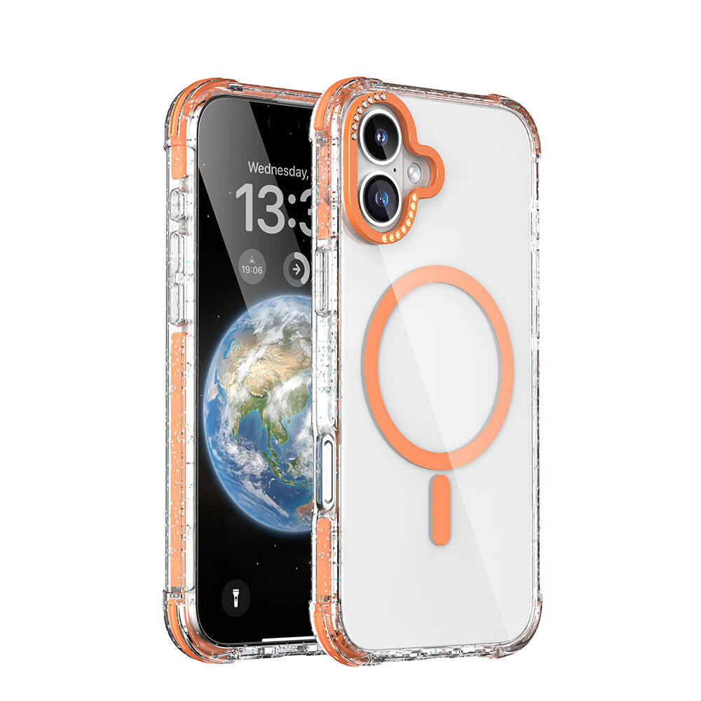 Apple iPhone 16 Kılıf Magsafe Şarj Özellikli Taşlı ve Simli Tasarım Mutural Blink Kapak Pembe