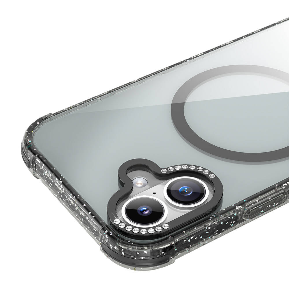 Apple iPhone 16 Kılıf Magsafe Şarj Özellikli Taşlı ve Simli Tasarım Mutural Blink Kapak Pembe