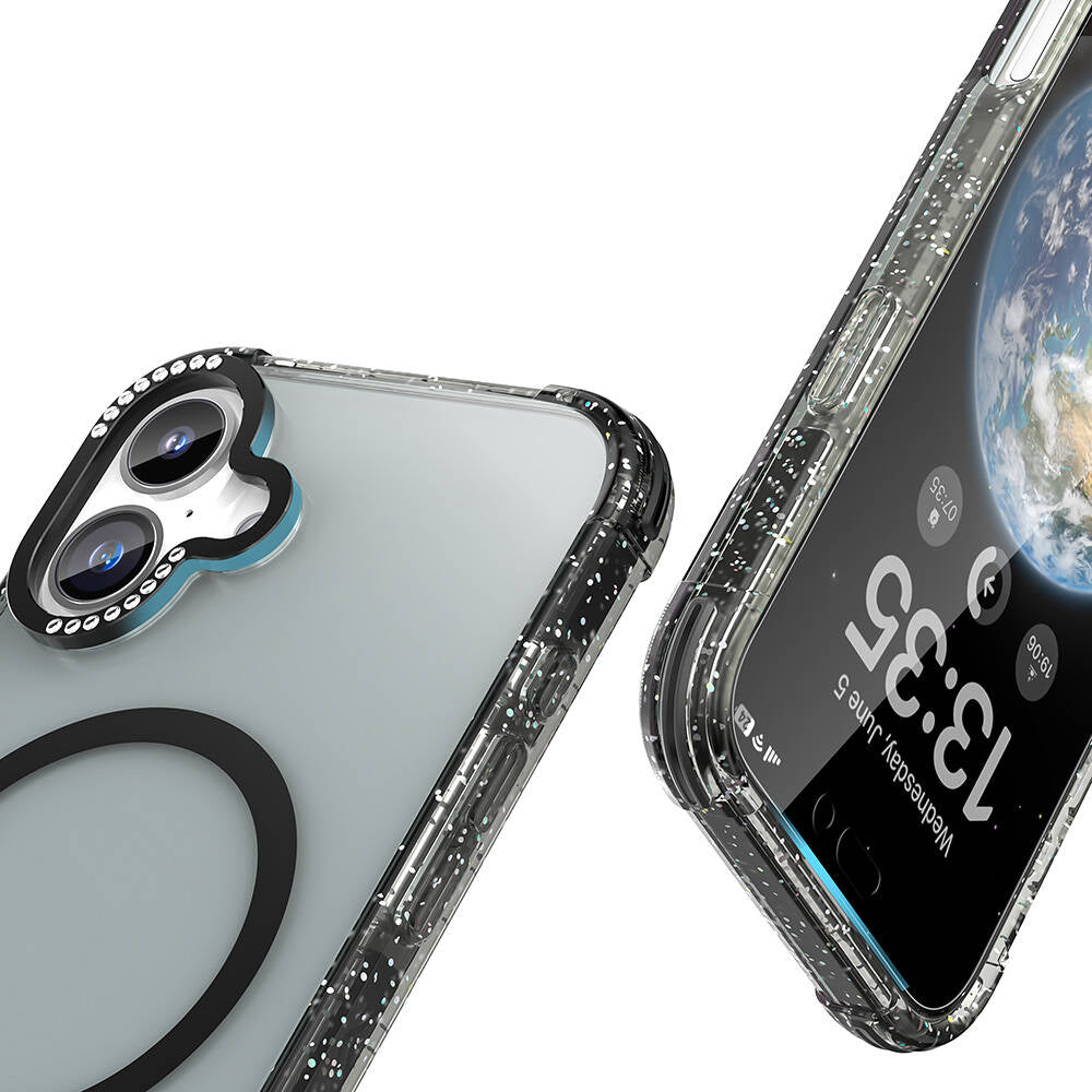 Apple iPhone 16 Kılıf Magsafe Şarj Özellikli Taşlı ve Simli Tasarım Mutural Blink Kapak Siyah