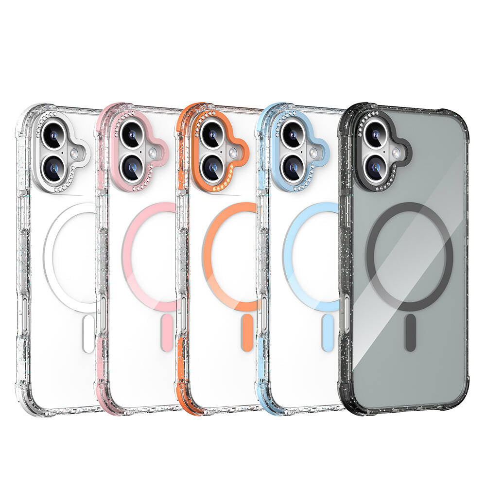 Apple iPhone 16 Kılıf Magsafe Şarj Özellikli Taşlı ve Simli Tasarım Mutural Blink Kapak Pembe