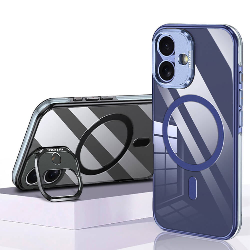 Apple iPhone 16 Kılıf Magsafe Şarj Özellikli Wlons Standlı Efsane Kapak Mavi