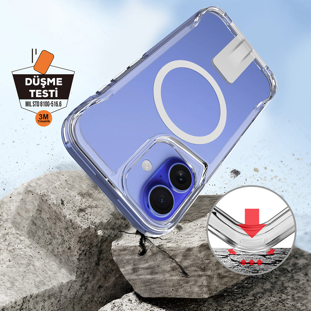 Apple iPhone 16 Kılıf M-safe Şarj Özellikli Zore T-Max Standlı Kapak Şeffaf