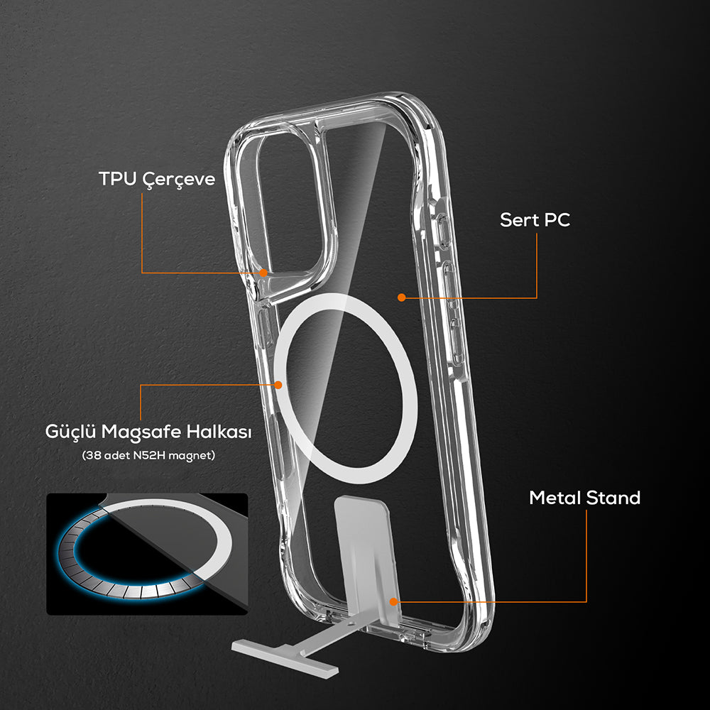 Apple iPhone 16 Kılıf M-safe Şarj Özellikli Zore T-Max Standlı Kapak Şeffaf