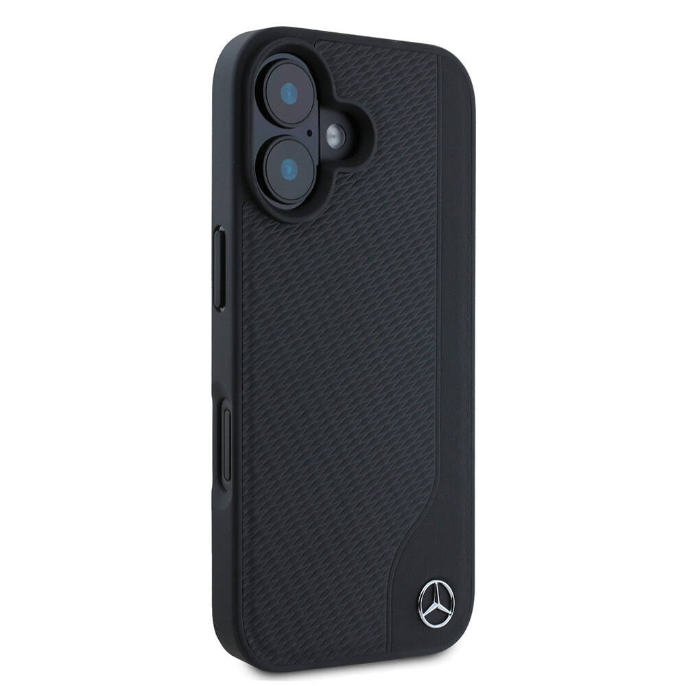 Apple iPhone 16 Kılıf Mercedes Benz Orjinal Lisanslı Magsafe Şarj Özellikli 3D Metal Logolu Wood Imitation Deri Kapak Siyah