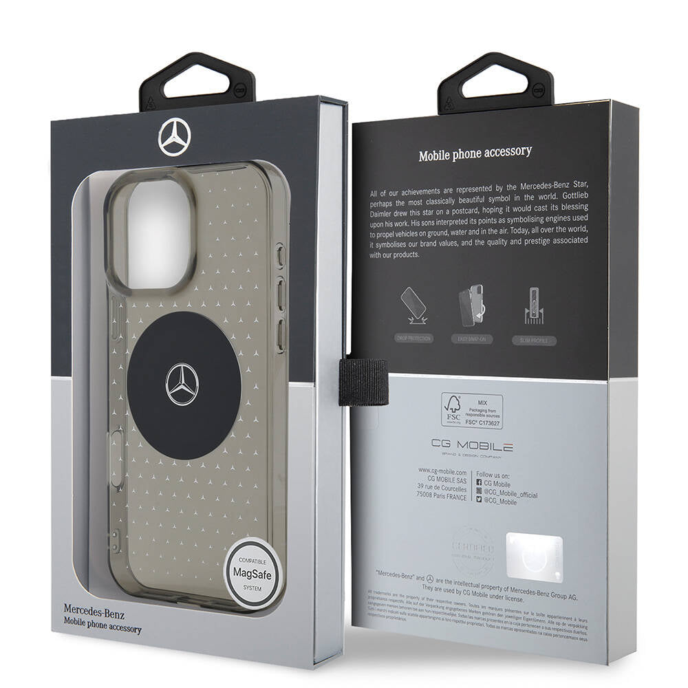 Apple iPhone 16 Pro Max Kılıf Mercedes Benz Orjinal Lisanslı Magsafe Şarj Özellikli Yıldız Desenli Transparan Kapak Siyah