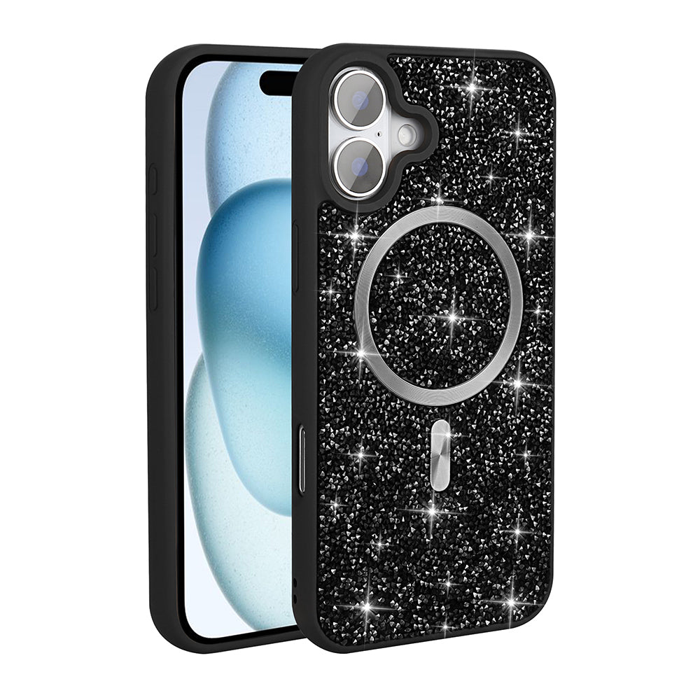 Apple iPhone 16 Kılıf Pırlanta Tasarımlı M-safe Şarj Özellikli Zore Mozaik Silikon Kapak Siyah