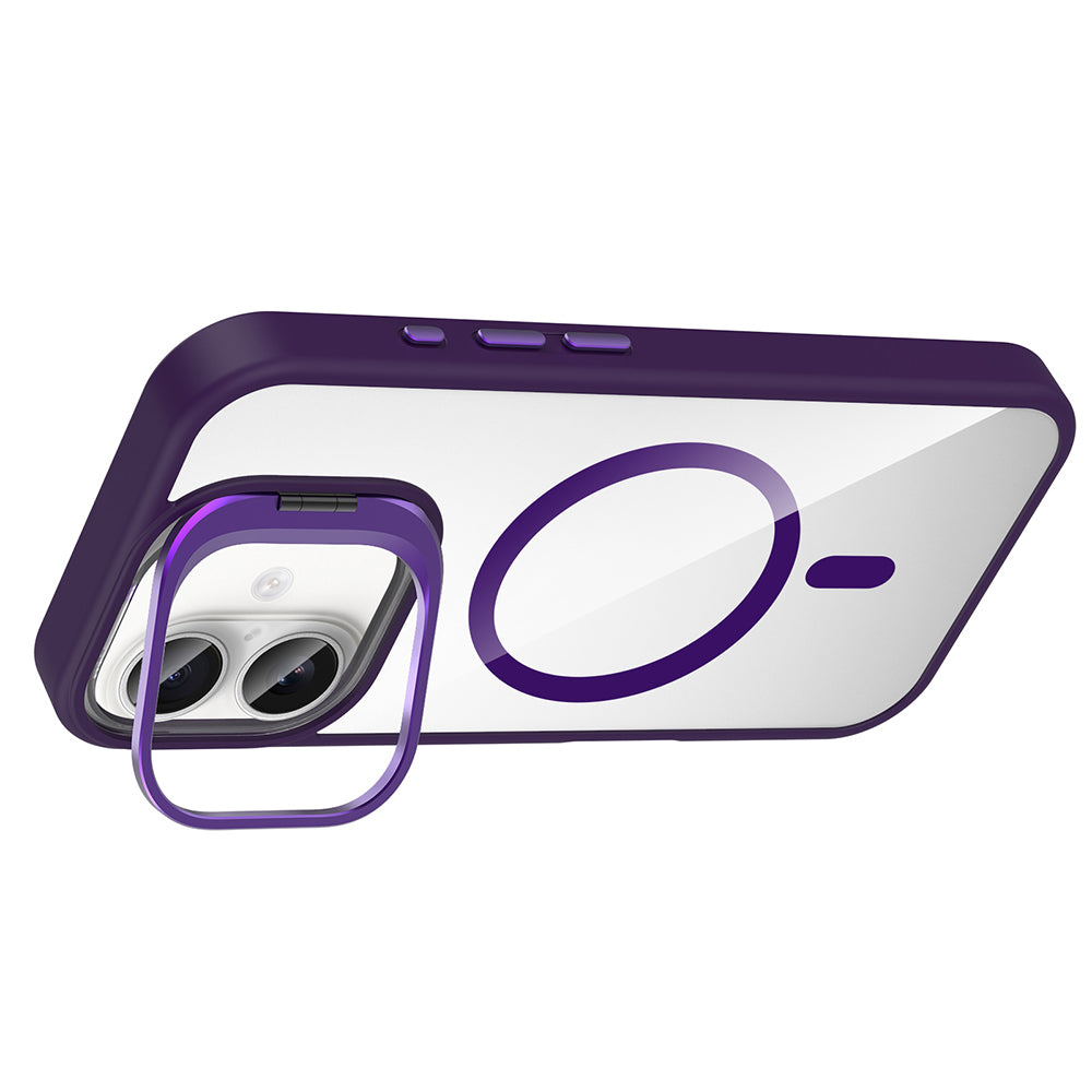 Apple iPhone 16 Kılıf Standlı ve Kamera Lens Hediyeli M-Safe Şarj Özellikli Zore Etro Kapak Gri