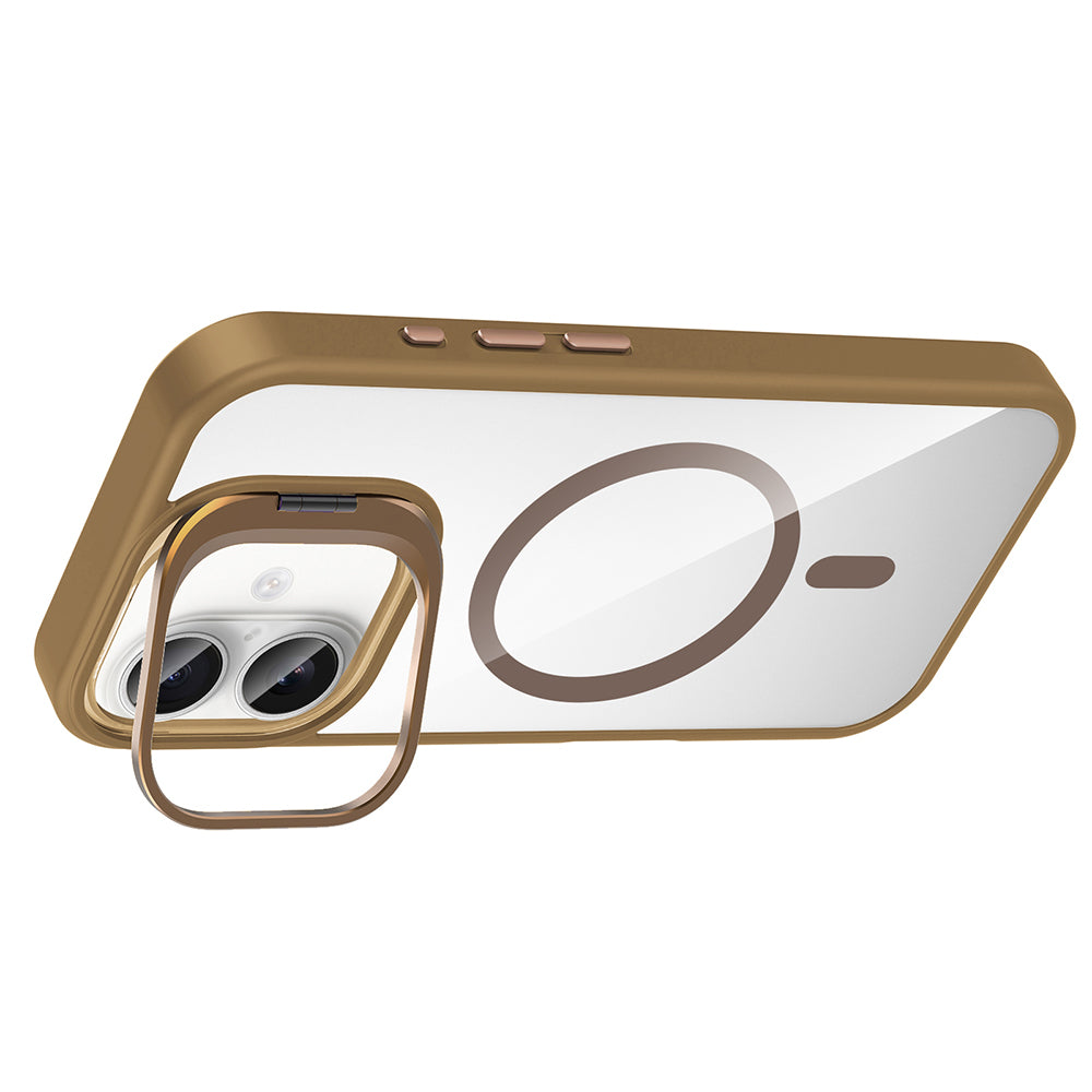 Apple iPhone 16 Kılıf Standlı ve Kamera Lens Hediyeli M-Safe Şarj Özellikli Zore Etro Kapak Derin Mor