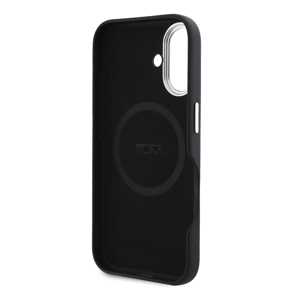 Apple iPhone 16 Kılıf TUMI Orjinal Lisanslı M-safe Şarj Özellikli Metal Yazı Logolu PU Deri Kapak Siyah