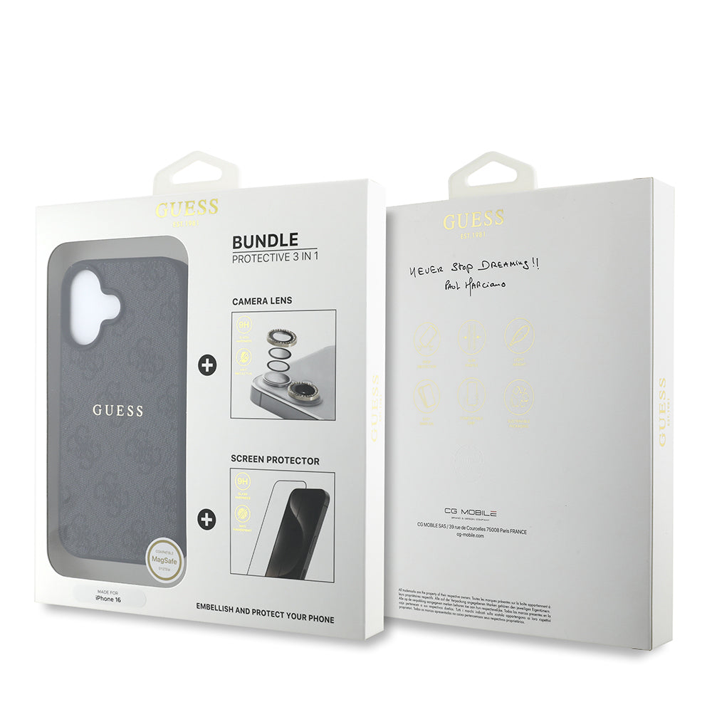 Apple iPhone 16 Plus Guess Orjinal Lisanslı Kılıf + Ekran Koruyucu + Lens Koruyucu 3in1 Aksesuar Seti Siyah