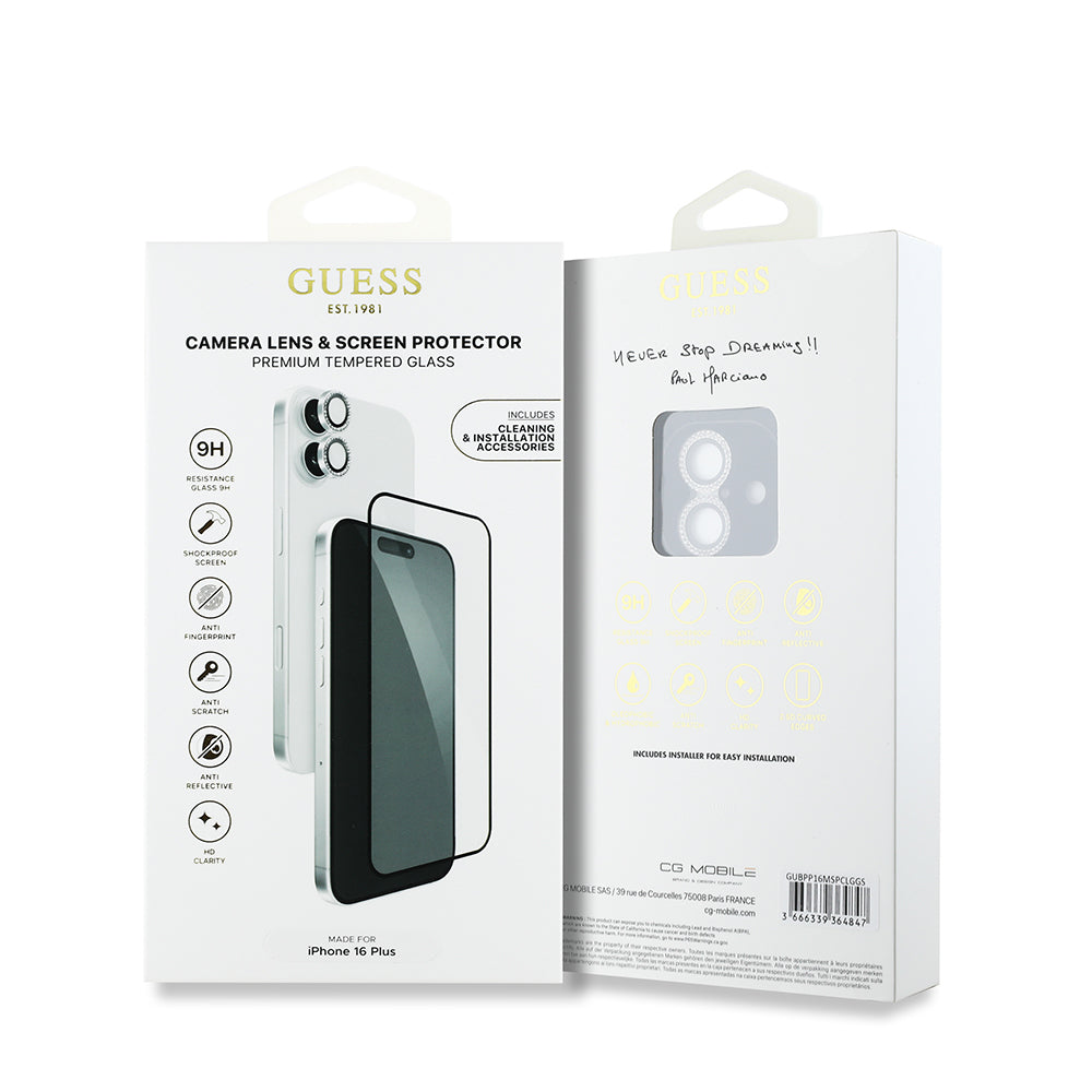Apple iPhone 16 Plus Guess Orjinal Lisanslı Rhinestone Ekran Koruyucu + Lens Koruyucu 2in1 Aksesuar Seti Gold