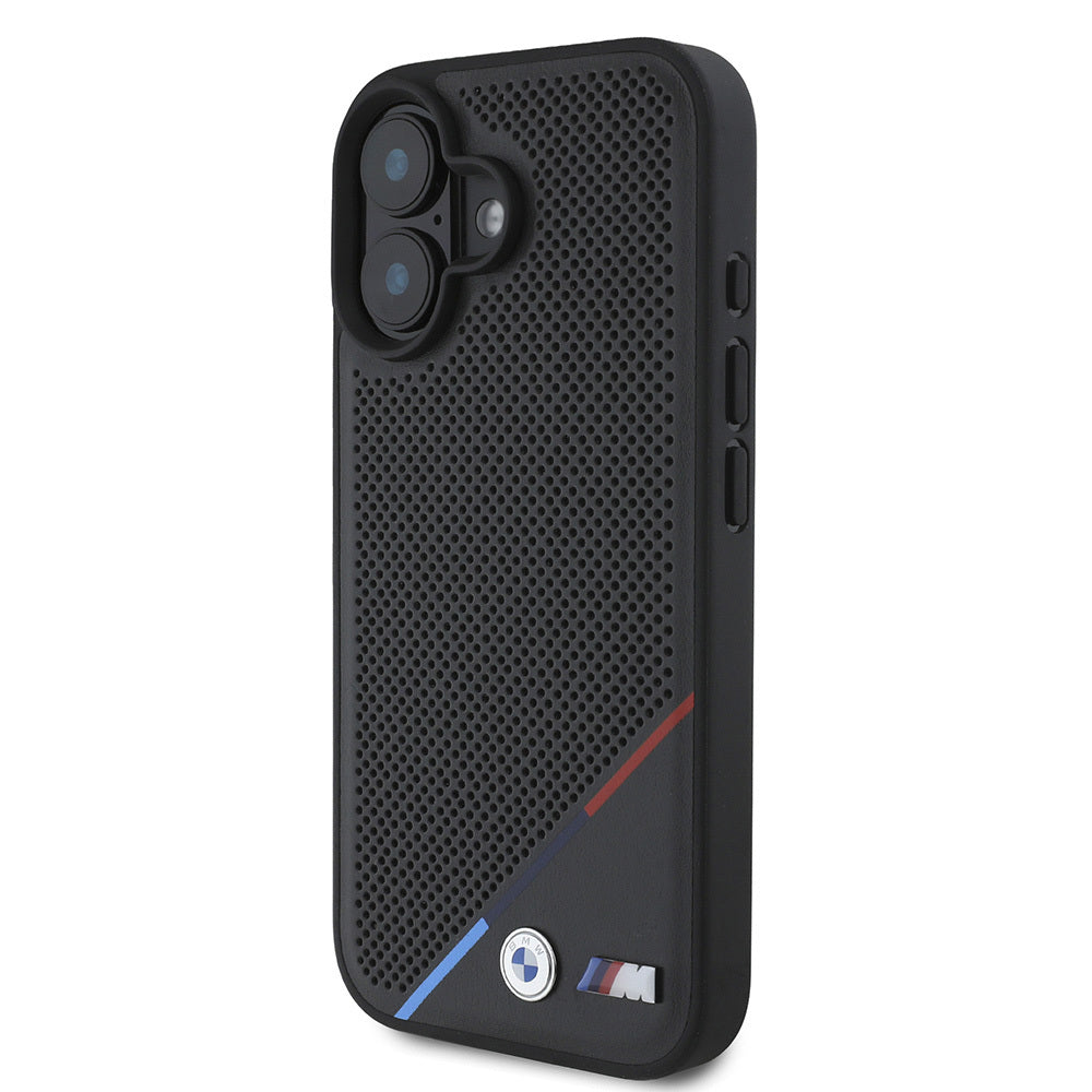 Apple iPhone 16 Plus Kılıf BMW Orjinal Lisanslı Magsafe Şarj Özellikli M Logolu Üç Çizgili Delikli Deri Kapak Siyah