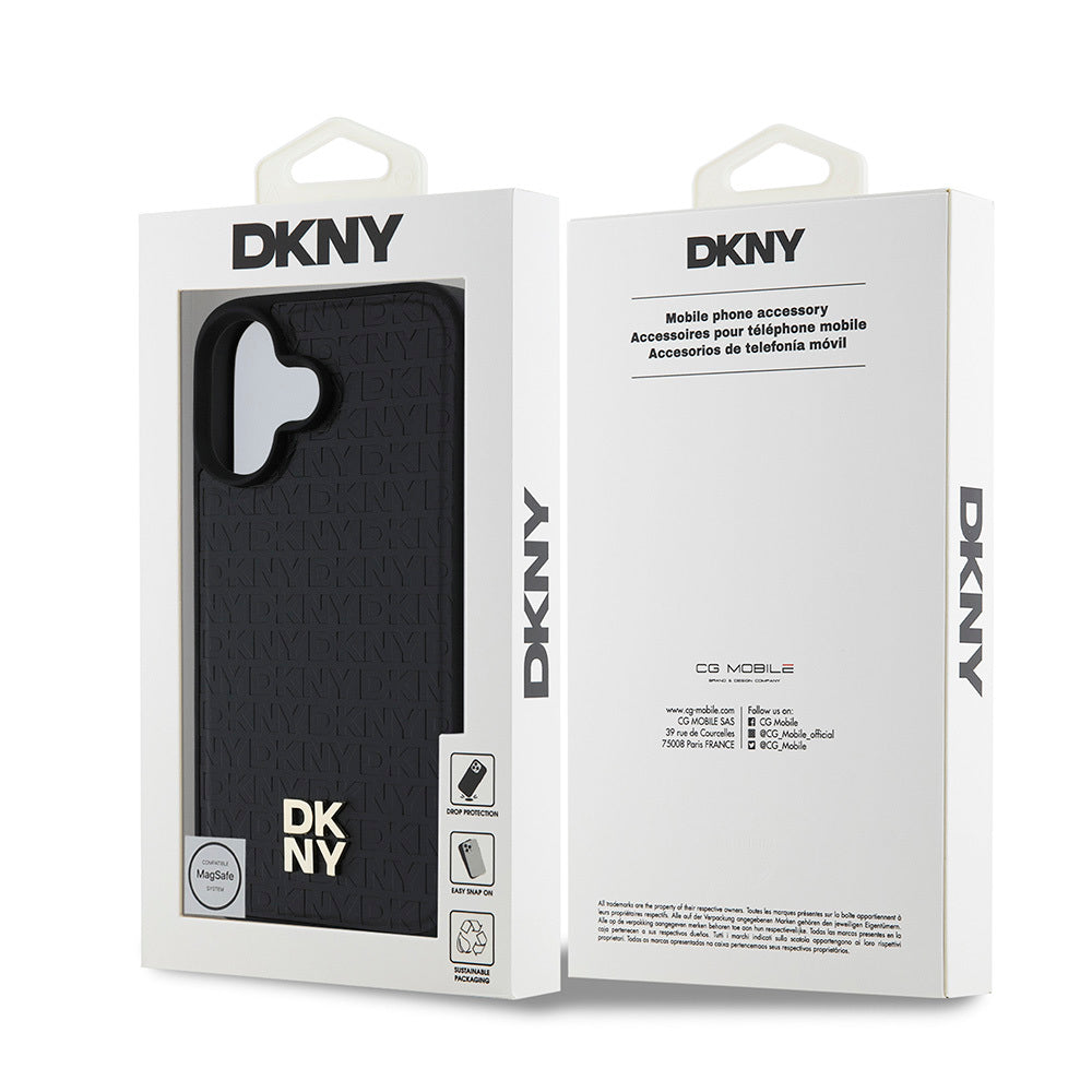 Apple iPhone 16 Plus Kılıf DKNY Orjinal Lisanslı Magsafe Şarj Özellikli 3D Yazılı Repeat Pattern Kapak Siyah