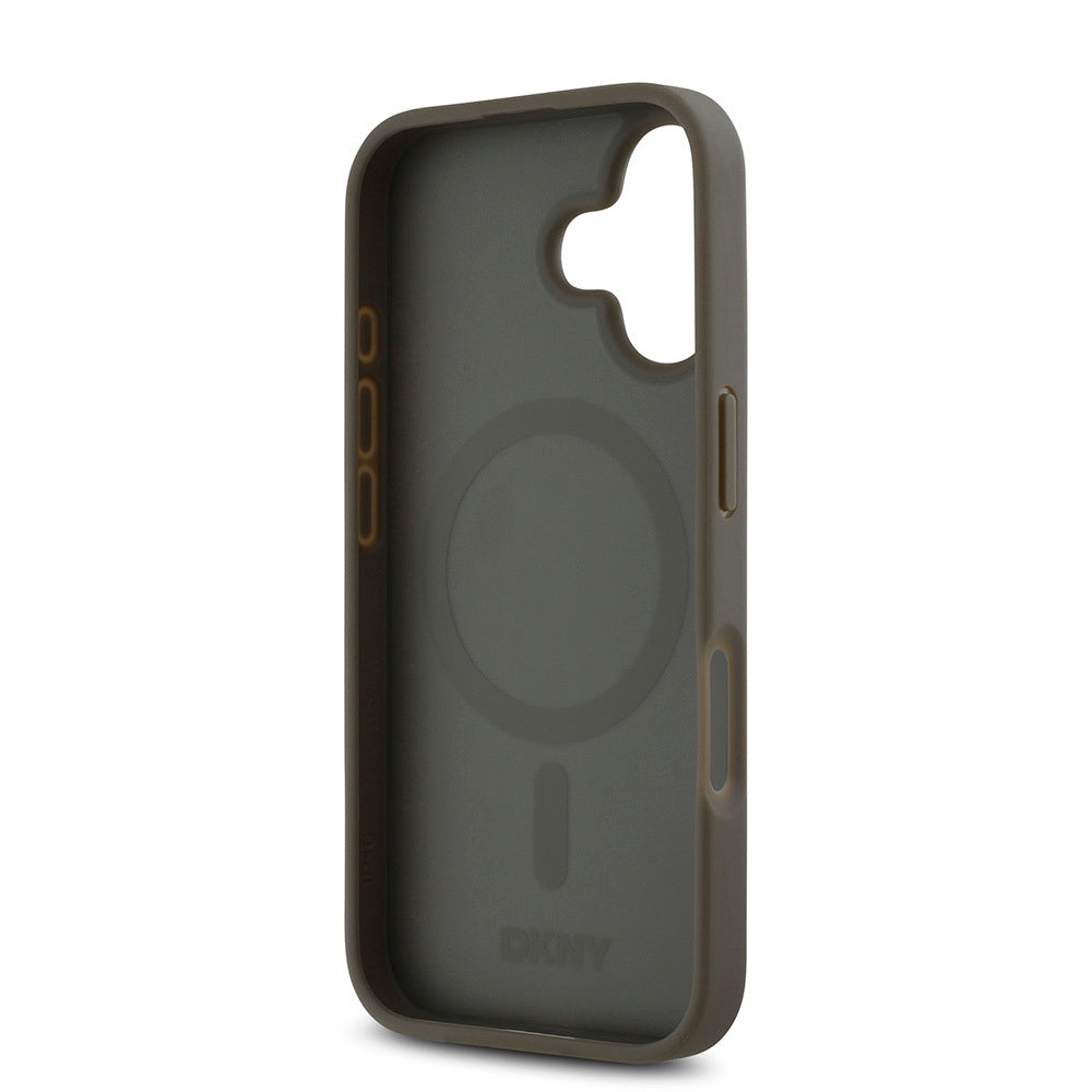 Apple iPhone 16 Plus Kılıf DKNY Orjinal Lisanslı Magsafe Şarj Özellikli 3D Yazılı Repeat Pattern Kapak Kahverengi