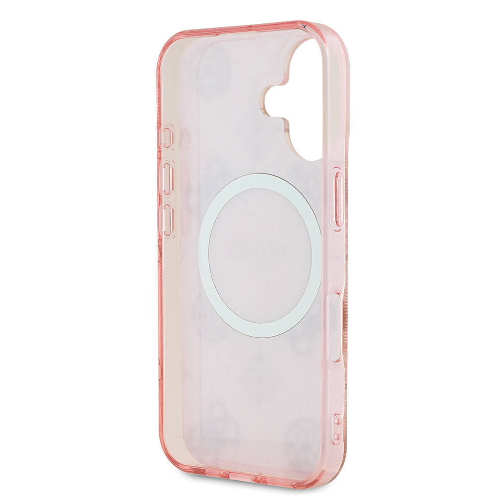 Apple iPhone 16 Plus Kılıf Guess Orjinal Lisanslı Magsafe Şarj Özellikli 4G Desenli IML Yazı Logolu Peony Kapak Pembe