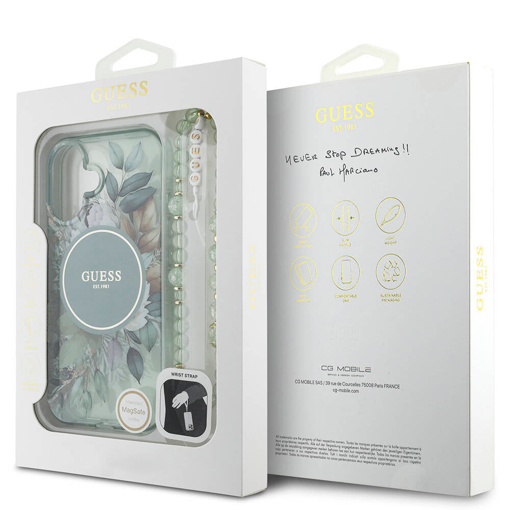 Apple iPhone 16 Plus Kılıf Guess Orjinal Lisanslı Magsafe Şarj Özellikli IML Baskılı Çiçek İnci Bileklikli Kapak Pembe