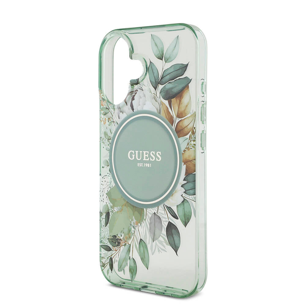 Apple iPhone 16 Plus Kılıf Guess Orjinal Lisanslı Magsafe Şarj Özellikli IML Baskılı Çiçek İnci Bileklikli Kapak Pembe