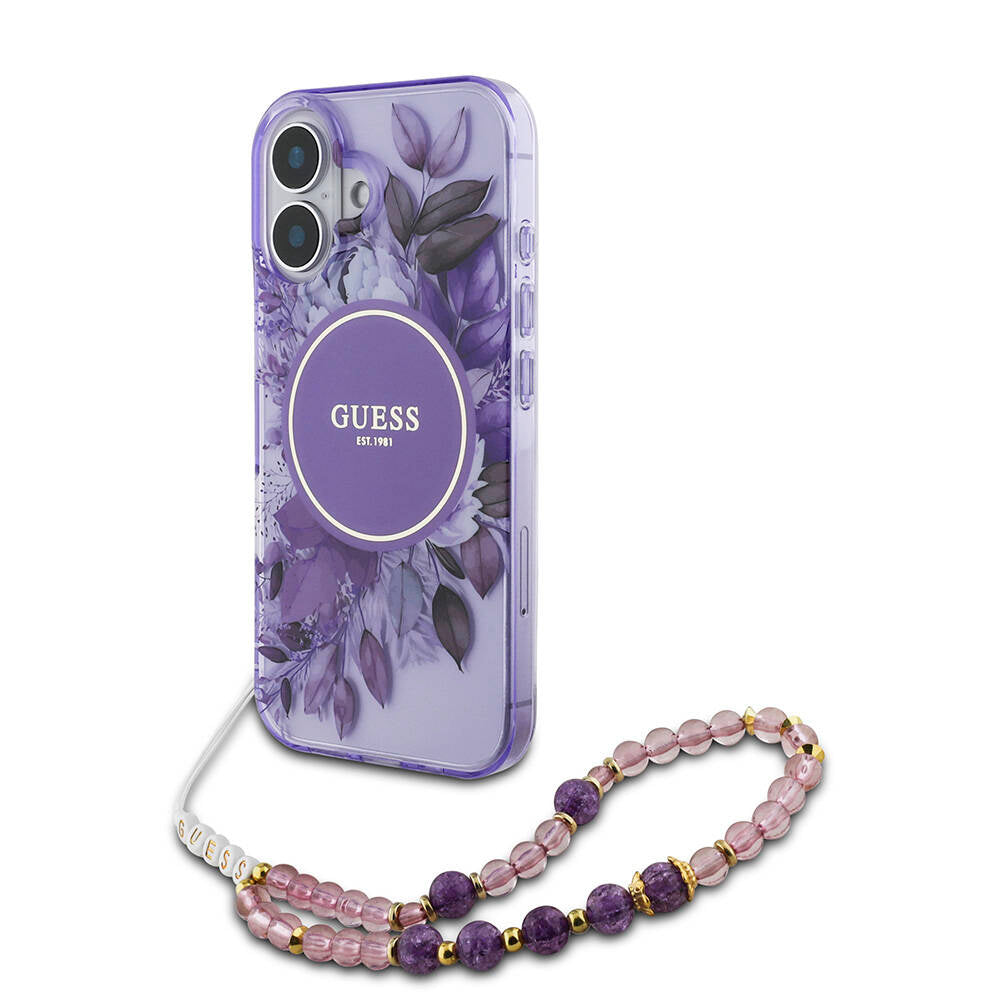 Apple iPhone 16 Plus Kılıf Guess Orjinal Lisanslı Magsafe Şarj Özellikli IML Baskılı Çiçek İnci Bileklikli Kapak Mor