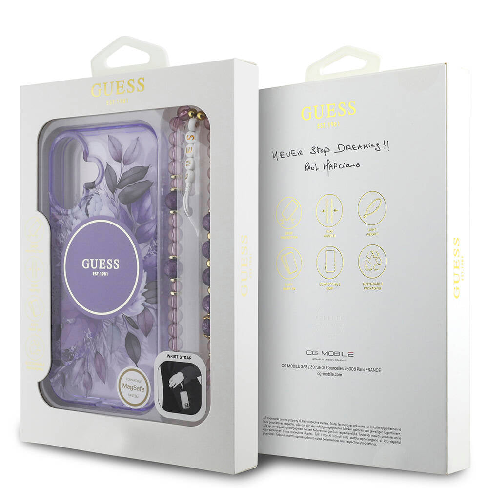 Apple iPhone 16 Plus Kılıf Guess Orjinal Lisanslı Magsafe Şarj Özellikli IML Baskılı Çiçek İnci Bileklikli Kapak Pembe