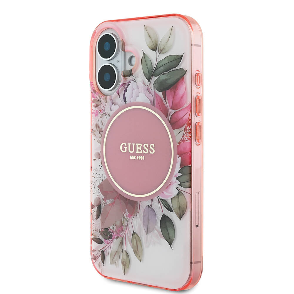 Apple iPhone 16 Plus Kılıf Guess Orjinal Lisanslı Magsafe Şarj Özellikli IML Baskılı Yazı Logolu Flower Tonal Circle Kapak Pembe