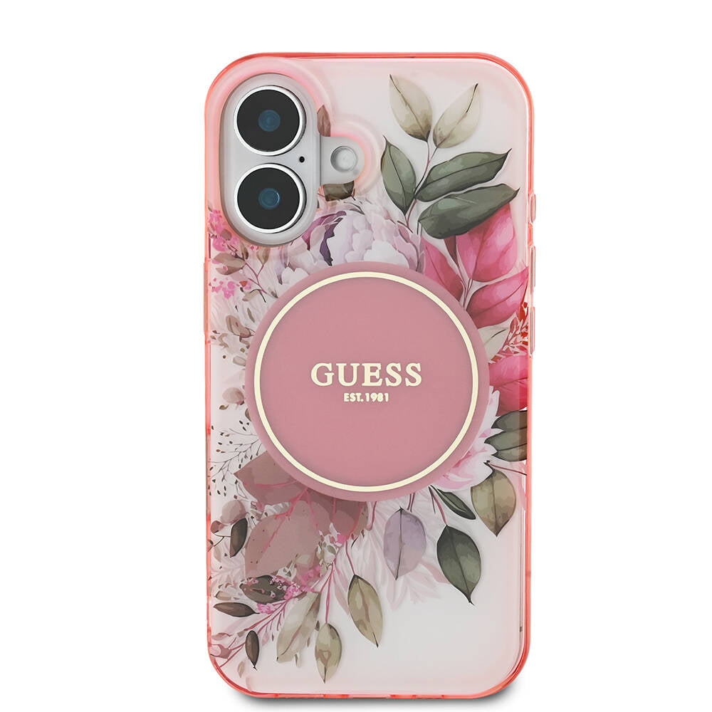 Apple iPhone 16 Plus Kılıf Guess Orjinal Lisanslı Magsafe Şarj Özellikli IML Baskılı Yazı Logolu Flower Tonal Circle Kapak Pembe