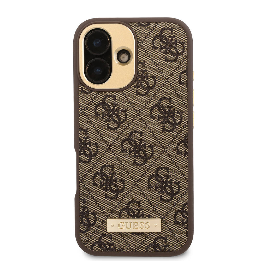 Apple iPhone 16 Plus Kılıf Guess Orjinal Lisanslı Magsafe Şarj Özellikli PU 4G Desenli Metal Plaka Klasik Logolu Kapak Siyah