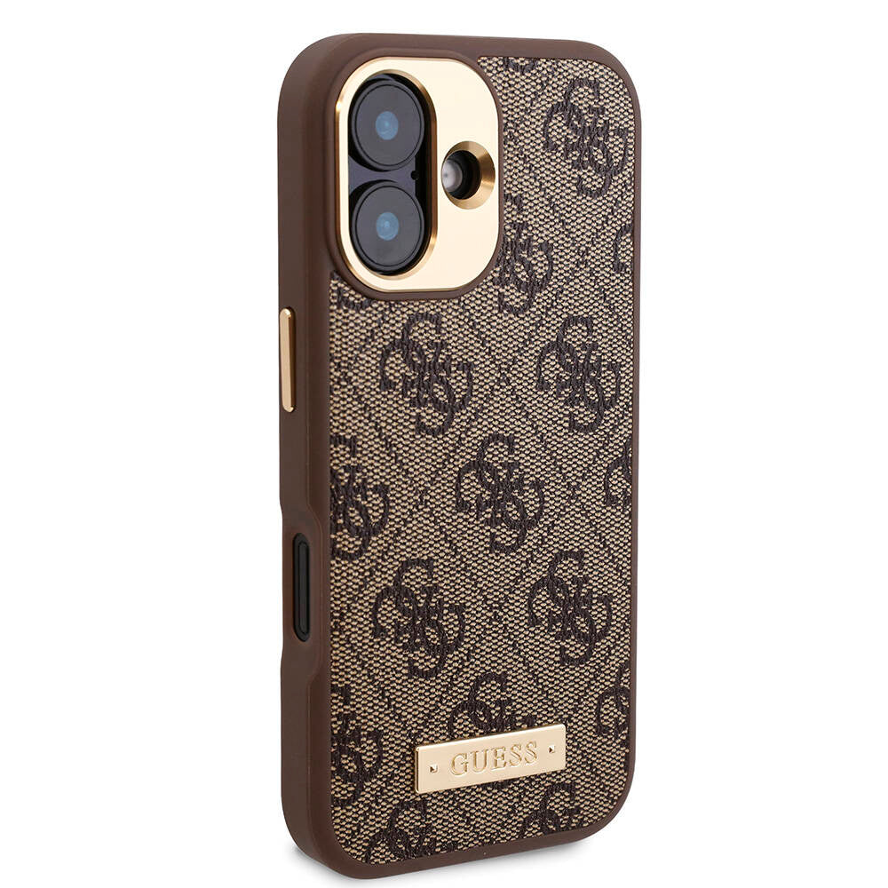 Apple iPhone 16 Plus Kılıf Guess Orjinal Lisanslı Magsafe Şarj Özellikli PU 4G Desenli Metal Plaka Klasik Logolu Kapak Siyah