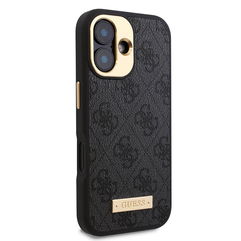 Apple iPhone 16 Plus Kılıf Guess Orjinal Lisanslı Magsafe Şarj Özellikli PU 4G Desenli Metal Plaka Klasik Logolu Kapak Kahverengi