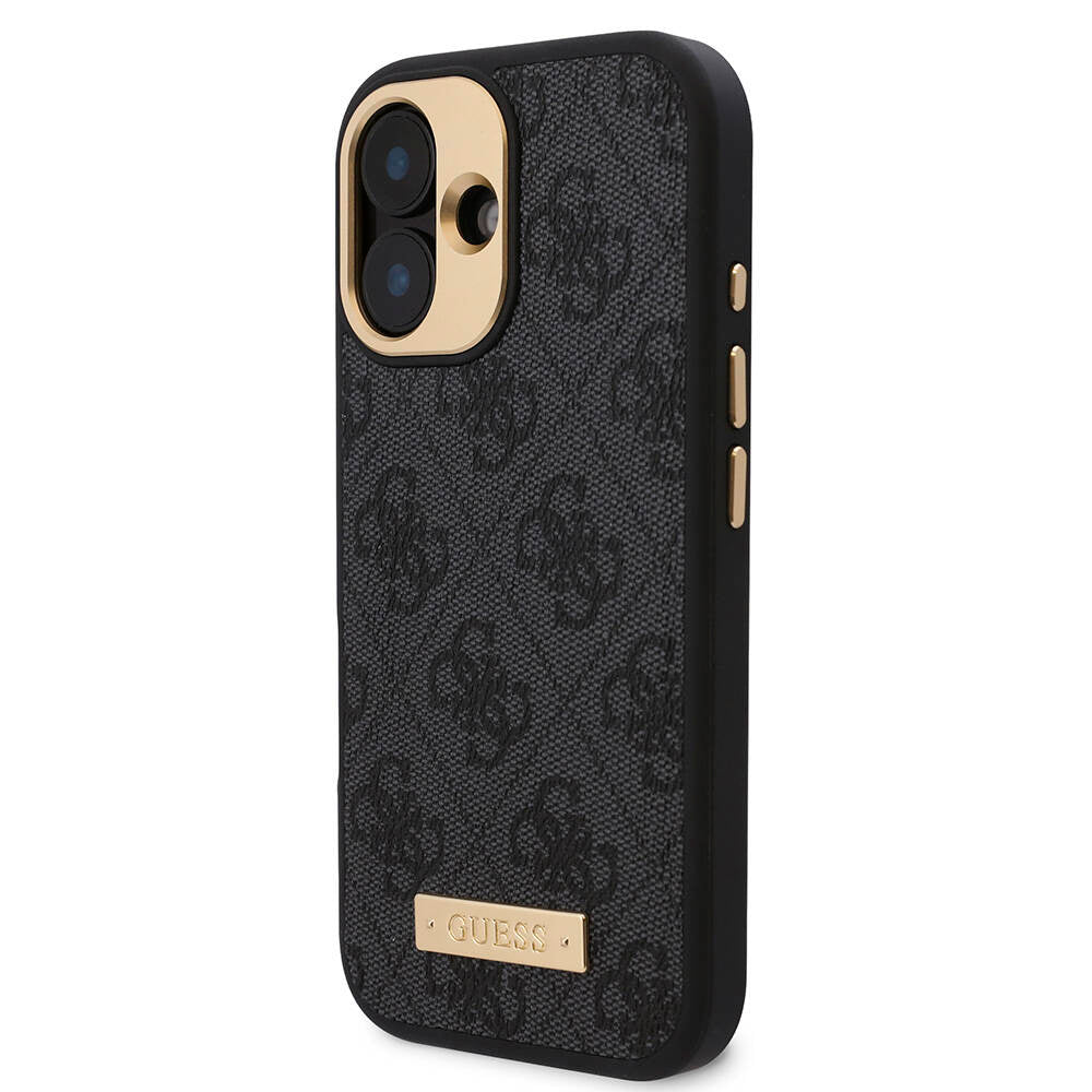 Apple iPhone 16 Plus Kılıf Guess Orjinal Lisanslı Magsafe Şarj Özellikli PU 4G Desenli Metal Plaka Klasik Logolu Kapak Kahverengi