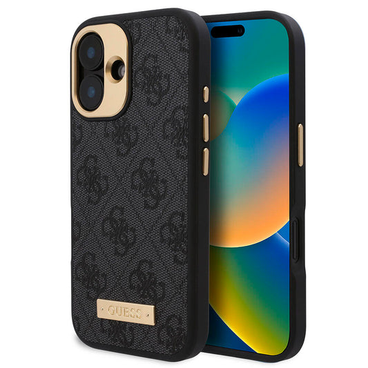 Apple iPhone 16 Plus Kılıf Guess Orjinal Lisanslı Magsafe Şarj Özellikli PU 4G Desenli Metal Plaka Klasik Logolu Kapak Siyah